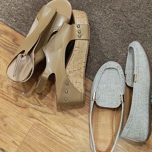 Stylish Tan Wedge Sandals and Beige Loafers- both pairs included